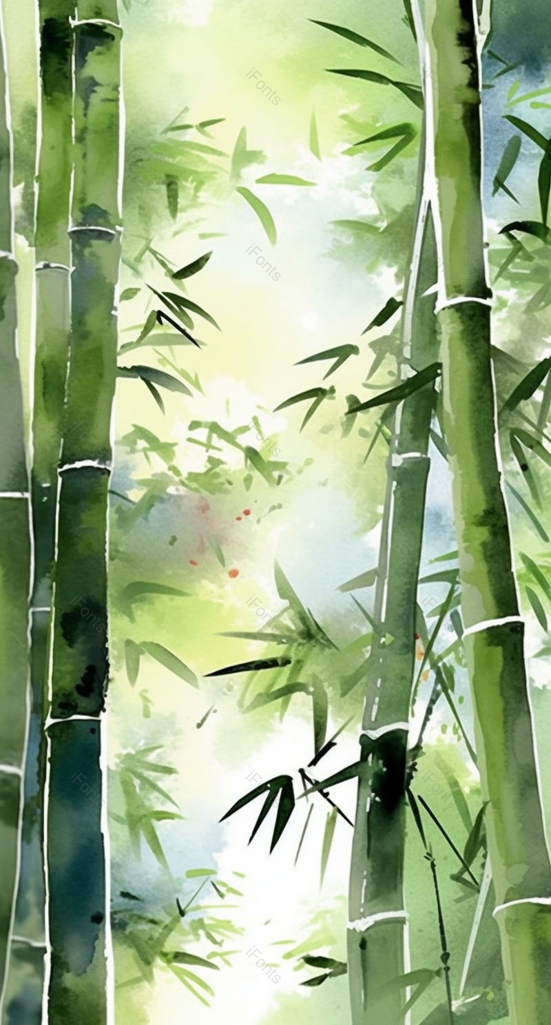 中国风插画春天季节清脆的竹子竹叶竹林雾气弥漫自然环境彩色水墨画,插画/手绘图,插画/手绘图库,插画/手绘图下载,插画/手绘